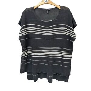 Eileen Fisher Linen Crepe Poncho Top Sz Large BLKGray Striped Boat Beck High/Low